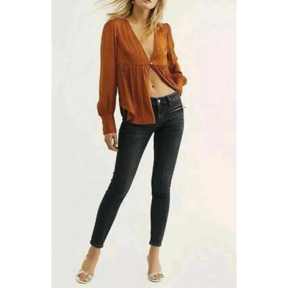 Free People Show Stoppin' Sepia Brown Deep V-Neck Button Shirt - Size - XS